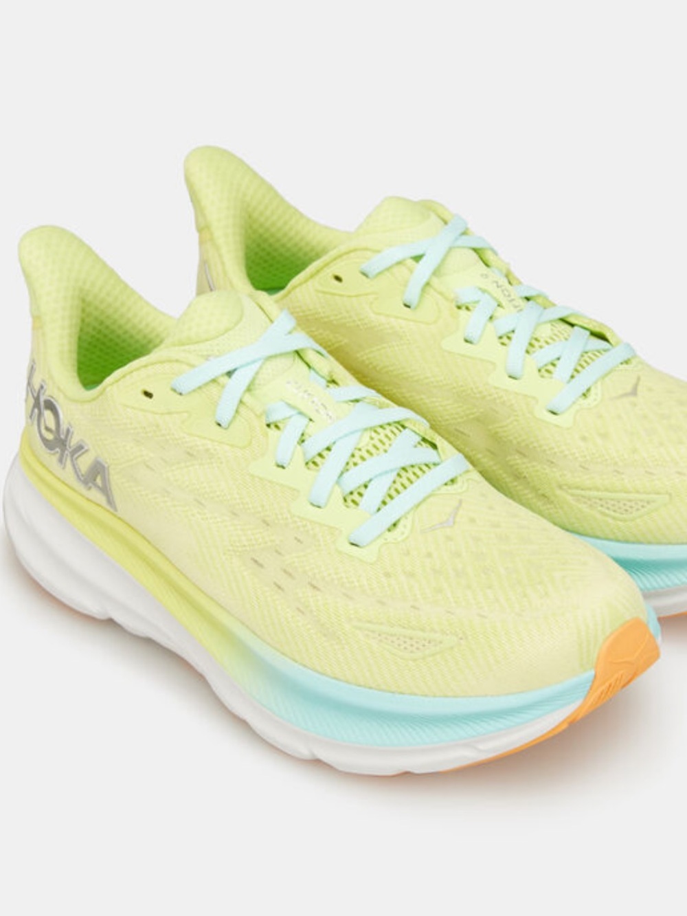 Hoka clifton 9 Women' size 7 Neon Yellow and Light Blue Running Shoes - Picture 1 of 10